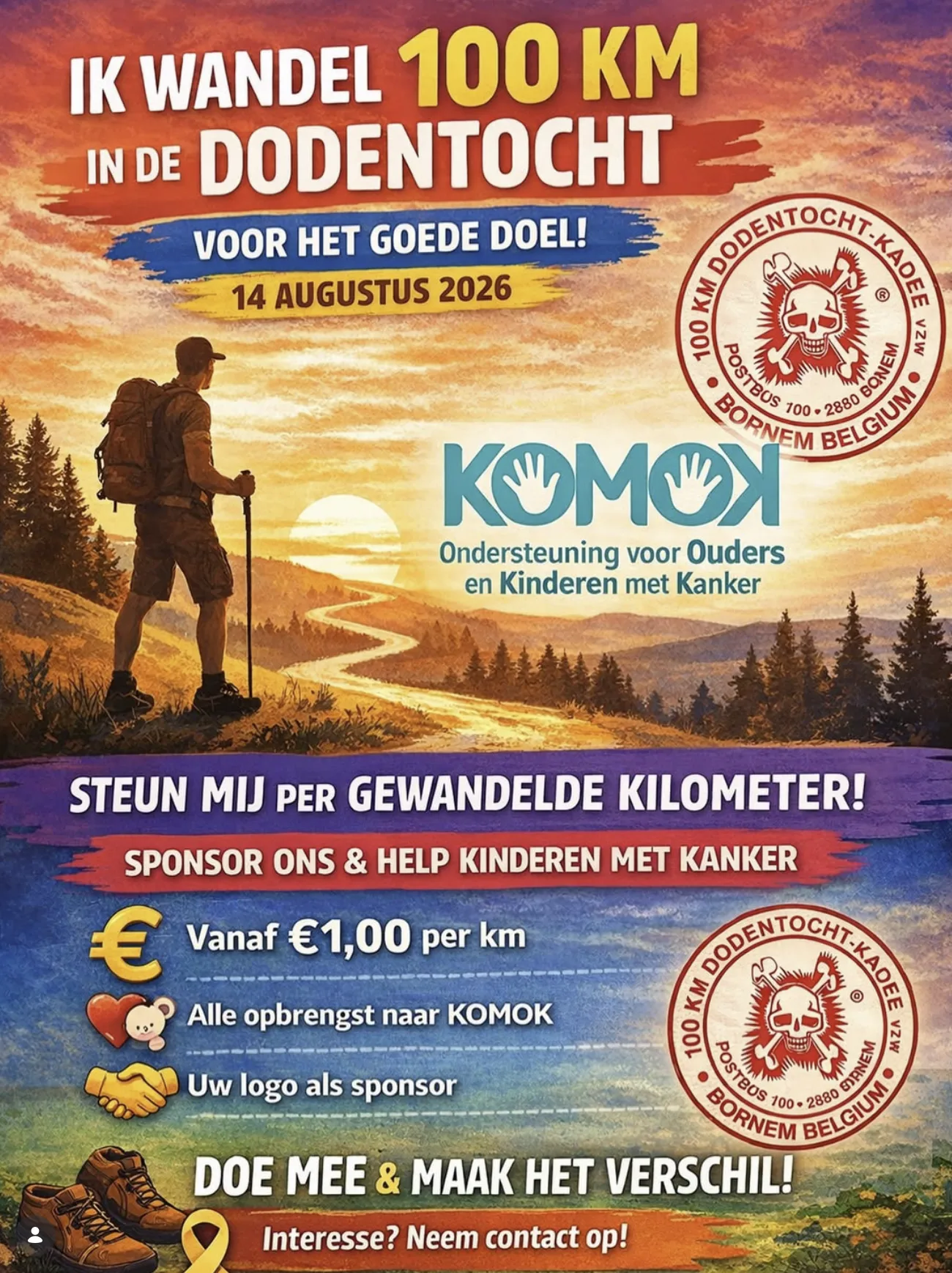 Dodentocht 2026 – Jordy Vanett wandelt 100 km voor KOMOK
